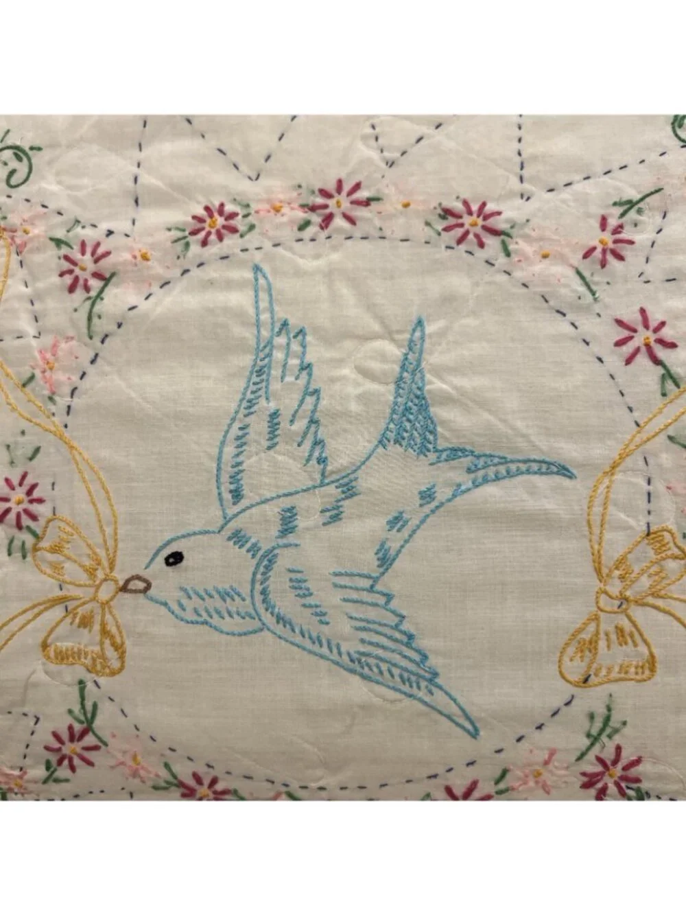 Vintage Quilt Bird Floral Wreath Handmade 74 inches wide x 98 inches long